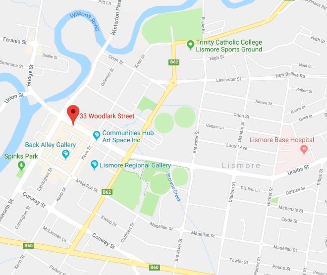 Map of Lismore NSW - RST Therapeutics Room 2 Suite 1 at 33 Woodlark St Lismore NSW